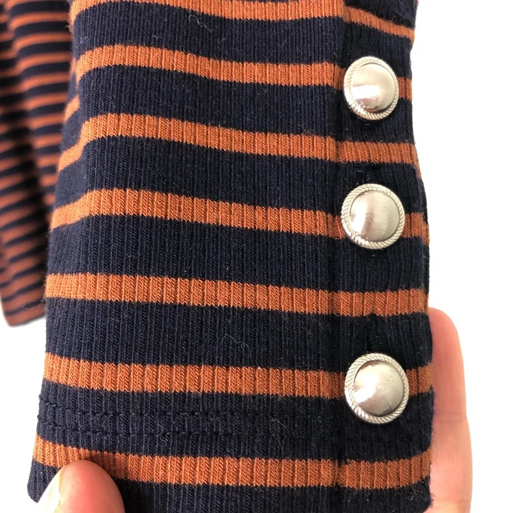 Talbots 2020 Orange & Navy Ribbed Stripe Button Cuff Turtle Neck Size Medium P - Picture 5 of 10